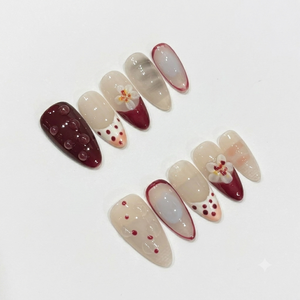 Middle Almond Nail Creamy Nude Kawaii Patisserie Style Frosted Bloom Finger Pre-designed Design - Product Image 1