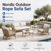 Ensemble de canapés d'extérieur en corde de style nordique, résistant aux intempéries, mobilier de salon de patio, OEM ODM, commande en gros, canapé d'extérieur pour hôtel, complexe hôtelier, bord de piscine