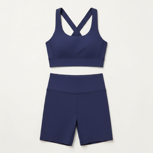 Ensemble 2 pièces de sport pour femme : soutien-gorge de sport croisé bleu marine et short taille haute, sans couture, respirant, pour yoga et activités sportives - Product Image 1