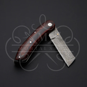 Cuchillo de bolsillo de acero de Damasco hecho a mano con mango de madera dura y funda de cuero, listo para la aventura, hoja plegable. - Product Image 3