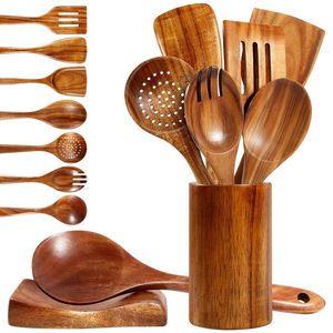 Forest Harvest Wooden Kitchen Utensil Set With <b>Storage</b> Holder Hand Polished Durable Minimalist Design For <b>Camping</b> Use Server - Product Image 1