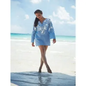 Girls Party Wear Fashionable Women Mexican Ethnic Embroidered Pessant Hippie Full Sleeve Beach Cover Up Tunic Boho Short Dress