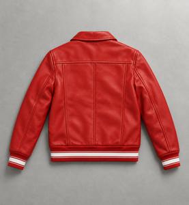 Blouson bomber en similicuir rouge pour homme avec fermeture éclair et poignets rayés blancs Coupe classique Col rabattu - Product Image 2