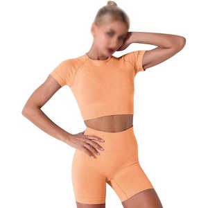 Ensemble 2 pièces pour femmes, haut court sans couture orange uni, short taille haute, ensemble de yoga - Product Image 4