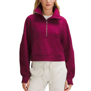 Sudadera con capucha oversize de color liso para mujer con cremallera de un cuarto, bolsillos con insignia bordada, forro polar ecológico de 220 g para otoño - Product Image 1