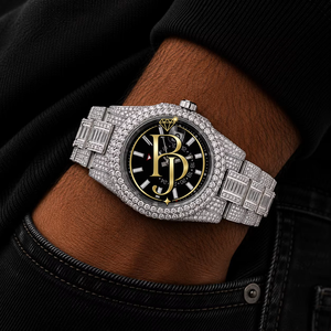 Montre de luxe pour homme en acier inoxydable carré à quartz avec cadran en verre, pierres précieuses en cristal glacé, noire, haut de gamme, tendance et scintillante - Product Image 2