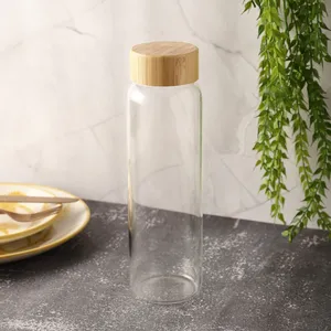 Wholesale Transparent Borosilicate Glass <b>Bottle</b> with Wooden Lid Reusable Heat Resistant Drinking <b>Bottle</b> for Home Office Travel - Product Image 1