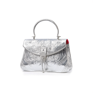 <b>Evening</b> Bag Hand Engraved Silver Tone Metal Envelope Shape Handbag Acanthus Scroll Handle <b>Red</b> Velvet Lining Floral Embroidery - Product Image 2