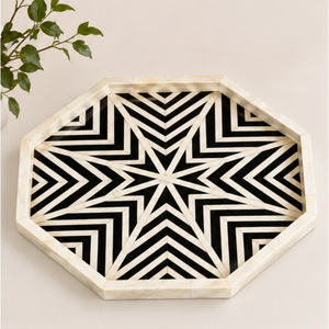 Luxury Handcrafted Bone Inlay Tray Octagonal Black and White Chevron Star Pattern Decorative Serving Platter for Wholesale <b>Home</b> - Product Image 3