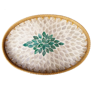Bandeja de ratán y nácar para almacenamiento y organización, diseño con borde de ratán, hecha a mano, bandeja de ratán y nácar para servir té de la tarde - Product Image 6
