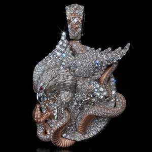 Pendentif personnalisé en argent 925 plaqué rhodium 3D, motif animal, visage de loup, avec moissanite - Product Image 1