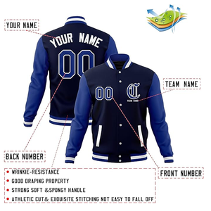 Chaqueta Varsity Personalizada para Hombre, Azul Marino, con Nombre y Número, Resistente al Viento, Antibacteriana, de Poliéster/Algodón, con Cierre de Cremallera y Cuello en V - Product Image 3