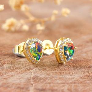 Natural Black Fire Ethiopian Opal Stud Earrings For Women Vintage Minimalist 925 Sterling Silver 14K <b>Gold</b> Plated - Product Image 2