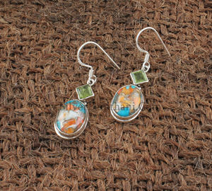 Boucles d'oreilles pendantes en argent sterling 925 avec coquille d'huître épineuse naturelle, turquoise et péridot, bijoux bohèmes orange et verts, vente en gros - Product Image 3