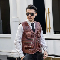 Gilet chauffant en cuir de vachette pour homme, col en V, imperméable, sans manches, marron, épais, de haute qualité, pour moto, décontracté, hiver