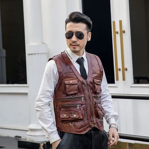 Cowhide Leather Vest Men <b>Brown</b> Waistcoat Male Sleeveless <b>Jacket</b> Thick High Quality Motorcycle Vest Multi Pocket Zipper - Product Image 3