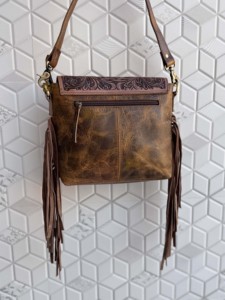 Sac fourre-tout en cuir véritable à franges, motif western, sculpté à la main, style bohème vintage, fait main, en cuir de cheval, multi-usages - Product Image 3