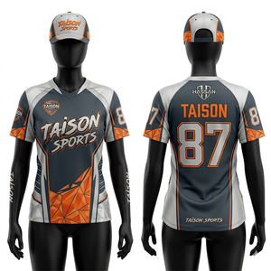 Camiseta de Paintball para Mujer, Premium, 200 GSM, Poliéster Interlock, Tejido Transpirable, Diseño de Paneles Gris, Negro y Naranja, Sublimación - Product Image 1