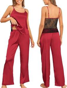 Conjunto de pijama de satén con encaje para mujer, dos piezas, camisola y pantalones anchos, ropa de dormir - Product Image 5