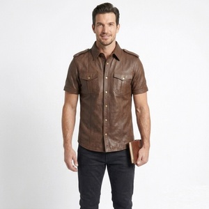 Camisa de Cuero Genuino Negra Vintage para Hombre, Manga Corta, Cuello Clásico, Estilo Desgastado, Uniforme de Motero, Precio al por Mayor - Product Image 1