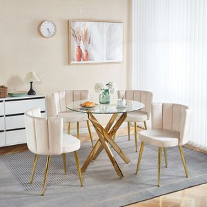 Set da Pranzo Mid-Century 1+4,5 Pezzi con Tavolo con Gambe in Metallo per 4-6 Persone, Piano in Vetro, Tavolo da Pranzo con Base a Piedistallo per Sala da Pranzo - Product Image 2
