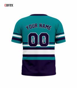 T-shirt à manches courtes rayé bleu sarcelle et violet pour homme Corex avec impression du nom de l'équipe, col rond, coupe classique, style sportif - Product Image 2