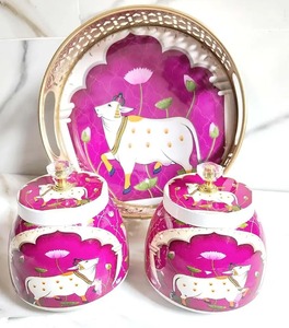 Luxury Finish Metal Pichwai <b>Jar</b> with Tray Classic Design <b>Decorative</b> Storage <b>Jar</b> for Home Decor Temple and Festive Gift - Product Image 4