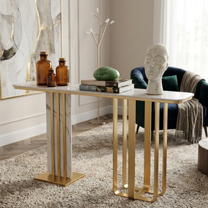 Luxury Hotel Lobby Decorative <b>Console</b> - Premium Gold Metal & <b>Marble</b> Entryway <b>Table</b> for Grand Foyers - Product Image 4