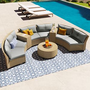Set da Giardino a Forma di Ventaglio per 6 Persone in Rattan con Cuscini e Tavolo, Video Incluso - Product Image 1