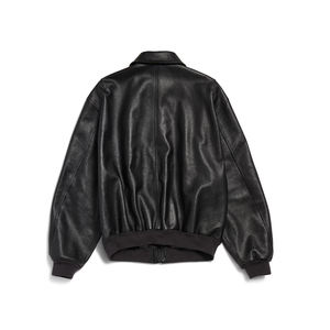 Men's Black PU Leather Bomber Jacket Turn-<b>down</b> Collar Zipper Closure Casual Style Regular Length Solid Color Loose Fit - Product Image 2