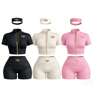 Ensemble de sport 3 pièces personnalisé pour femme, col halter, en toile, avec veste de yoga à manches courtes et fermeture éclair dorée, longueur au-dessus du genou - Product Image 6