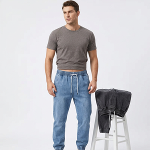 Men's Stonewashed Denim <b>Joggers</b> Drawstring Waist Loose Fit Casual Midweight Cotton Solid Color Straight Leg Breathable - Product Image 3