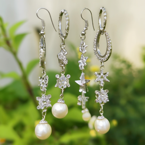 Designer German Silver Drop and Hoop Earrings Set with Pearl Zircon Diamond and Star Heart Motifs - Product Image 3