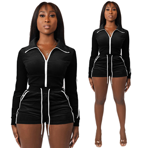 Conjunto de Shorts de 2 Piezas para Mujer, Color Negro, Cuello Redondo, Manga Corta, Corte Regular, Casual, Primavera Verano, Transpirable, Tejido con Estampado Digital - Product Image 2