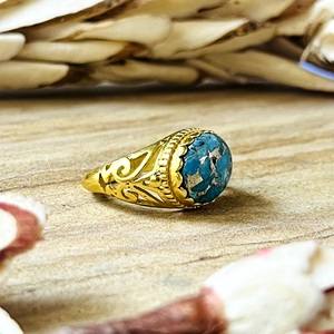 Hot Selling Boho Turquoise <b>Ring</b> Ethnic Brass <b>Rings</b> Women 18k Gold Plated Vintage Filigree Jewelry <b>Statement</b> Band Wholesale/OEM - Product Image 1