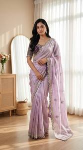 Sari de lujo con bordado de loto y blusa con latkan elegante, sari tradicional indio para mujer - Product Image 1