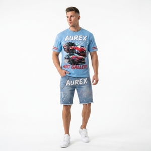 Cropped <b>Men's</b> Streetwear T Shirt Shorts Set <b>Studded</b> Acid Wash 100% Cotton Custom Screen Print Summer Wear Set - Product Image 5