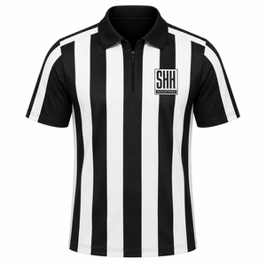 Men <b>Black</b> <b>White</b> Striped Referee Shirt Half Zip Polo Collar Short Sleeve Professional <b>Football</b> Officials Performance Game Jersey - Product Image 1