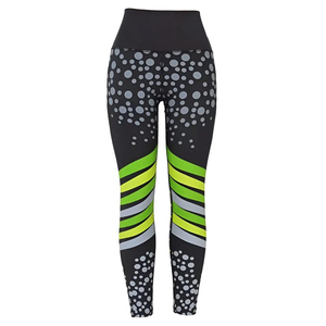 High Waist Full Length Yoga <b>Leggings</b> With Custom printed <b>Pattern</b> And Side Stripe Green Gray Contrast Design For <b>Women</b> - Product Image 2