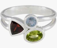Bague géométrique en argent 925 avec pierres serties de grenat, péridot et aigue-marine, style bohème, bague unisexe avec pierres précieuses
