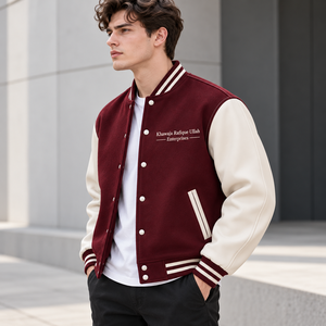 <b>Men's</b> Black And <b>Cream</b> Varsity <b>Jacket</b> With Embroidered Logo Front Turn-down Collar Regular Fit Casual Style Autumn Wear - Product Image 2