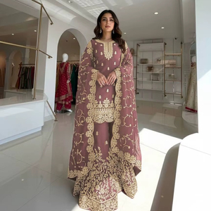 Ensemble Kurti Plazzo Dupatta en Soie Pure de Luxe Brodé pour Femme – Travaux de Broderie Lourde à Sequins et Dori - Product Image 1