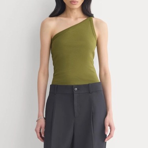 Women's Asymmetric 100% Cotton Knitted Rib Textured <b>One</b> Shoulder Tank <b>Top</b> Solid Deep Green Color Breathable Quick Dry - Product Image 2