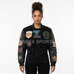 ZABEX SPORTS Custom Women's Cropped Varsity Jacket with <b>Covered</b> <b>Button</b> Closure Satin Fabric Premium Quality Autumn Outerwear - Product Image 6