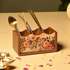 Porte-couverts en bois floral pour la cuisine, table à manger, organisateur multi-sections pour cuillères et fourchettes - Product Image 3