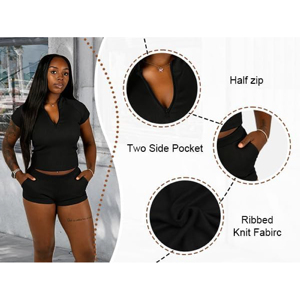 Custom Women Casual Ribbed Knit Tracksuit <b>Short</b> Sleeve Zipper Polo Collar <b>Top</b> <b>and</b> Biker <b>Shorts</b> Two Piece Lounge Set Outfit - Product Image 4