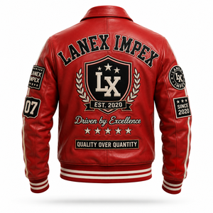 Custom Red <b>Leather</b> Varsity <b>Jacket</b> <b>Men</b> Embroidered Letterman Bomber <b>Jacket</b> with Chenille Patches OEM ODM Wholesale Manufacturer - Product Image 3