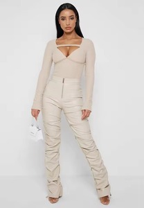 European American Fashionable PU Leather Women's Clothing Low Waist Flare Pants Unique Pleated Fringed Design Zipper Fly Closure - Product Image 3