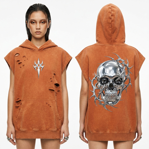 Sudadera con capucha blanca de 400GSM con lavado vintage, estampado floral de calavera y hoja de helecho, estilo bohemio, bajo sin rematar, ropa urbana - Product Image 4