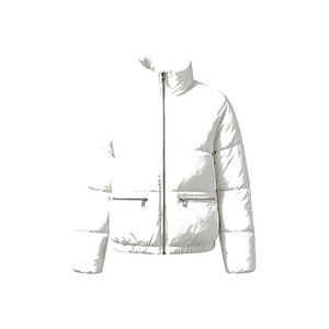 White Quilted Jacket Full Sleeve Stand Collar Zipper Closure Winter Windproof Thick Polyester Wadding Short Length - Product Image 1